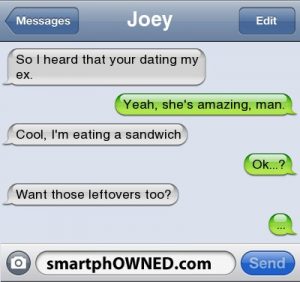 Screenshot of sarcastic text message conversation.