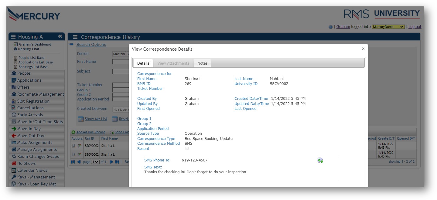 Check-In confirmation SMS: Drill down on SMS record for details of the SMS transaction or to resend