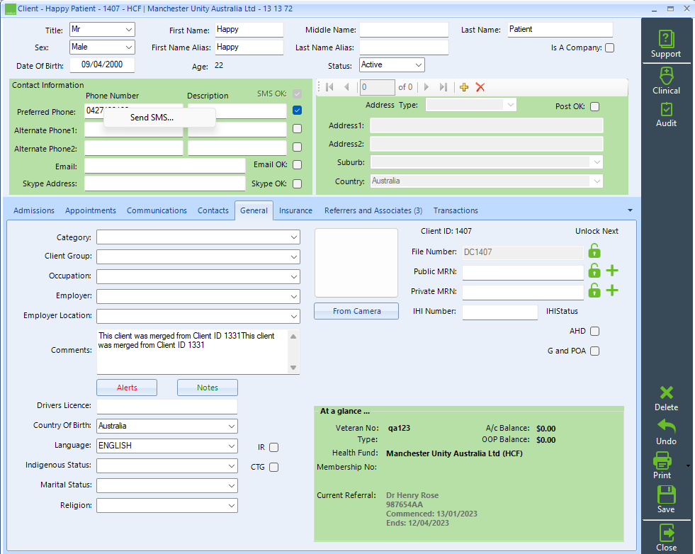 Showing an view of the patient interface and where to select the checkbox for approval to send SMS to the patient.