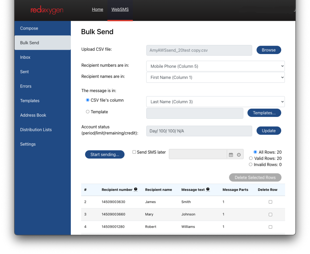 Image of the Bulk SMS page of the Complete SMS system