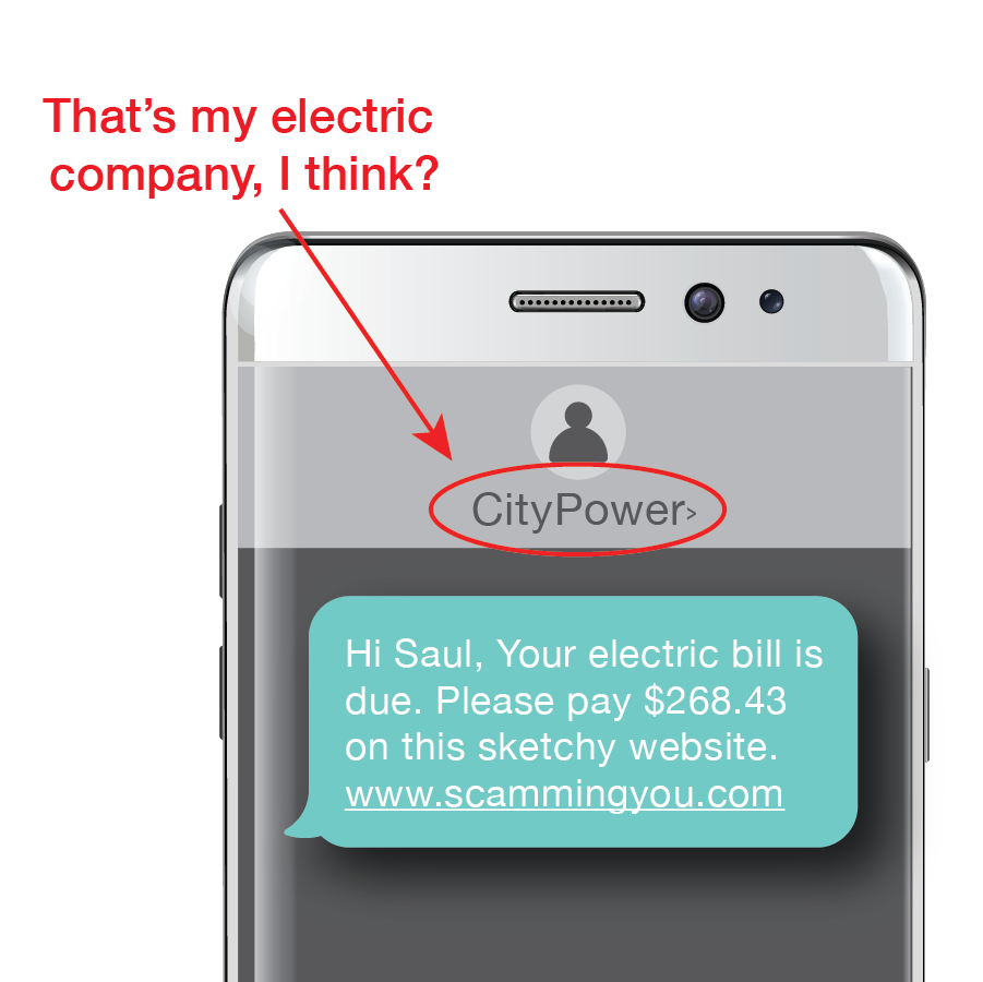 Electric company scam message/text on phone screen